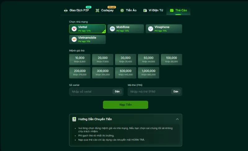Nạp tiền 5 Chọn gửi tiền ví game qua thẻ cào