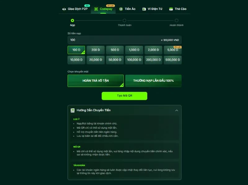 Nạp tiền 2 Code pay gửi tiền ví game nhanh gọn