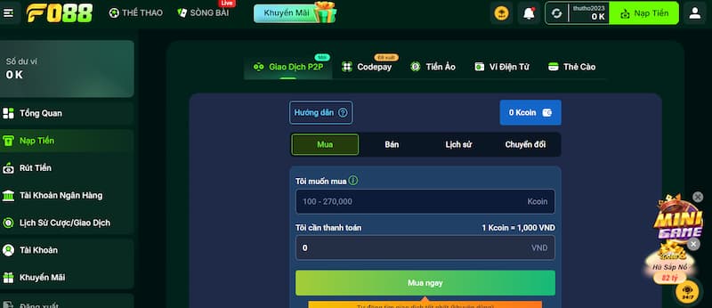 Nạp tiền 1 Gửi tiền P2P