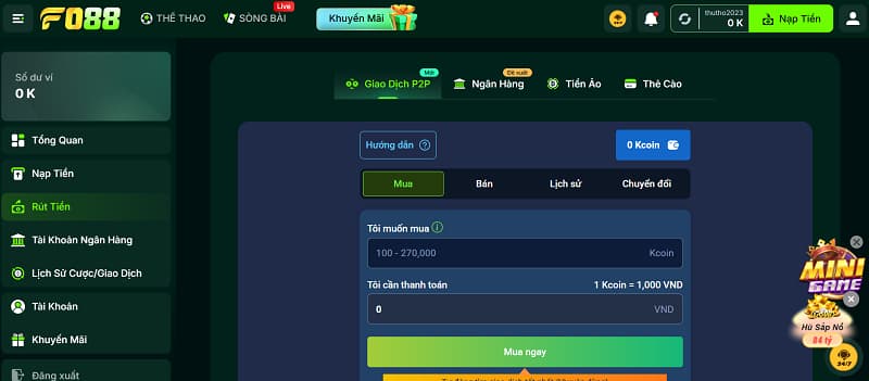 Rút tiền 1 P2P là phương thức rút tiền FO88 an toàn