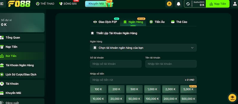 Rút tiền 2 Rút thưởng FO88 qua ngân hàng