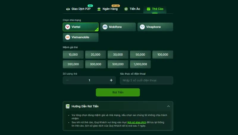 Rút tiền 4 Rút thưởng qua thẻ cào